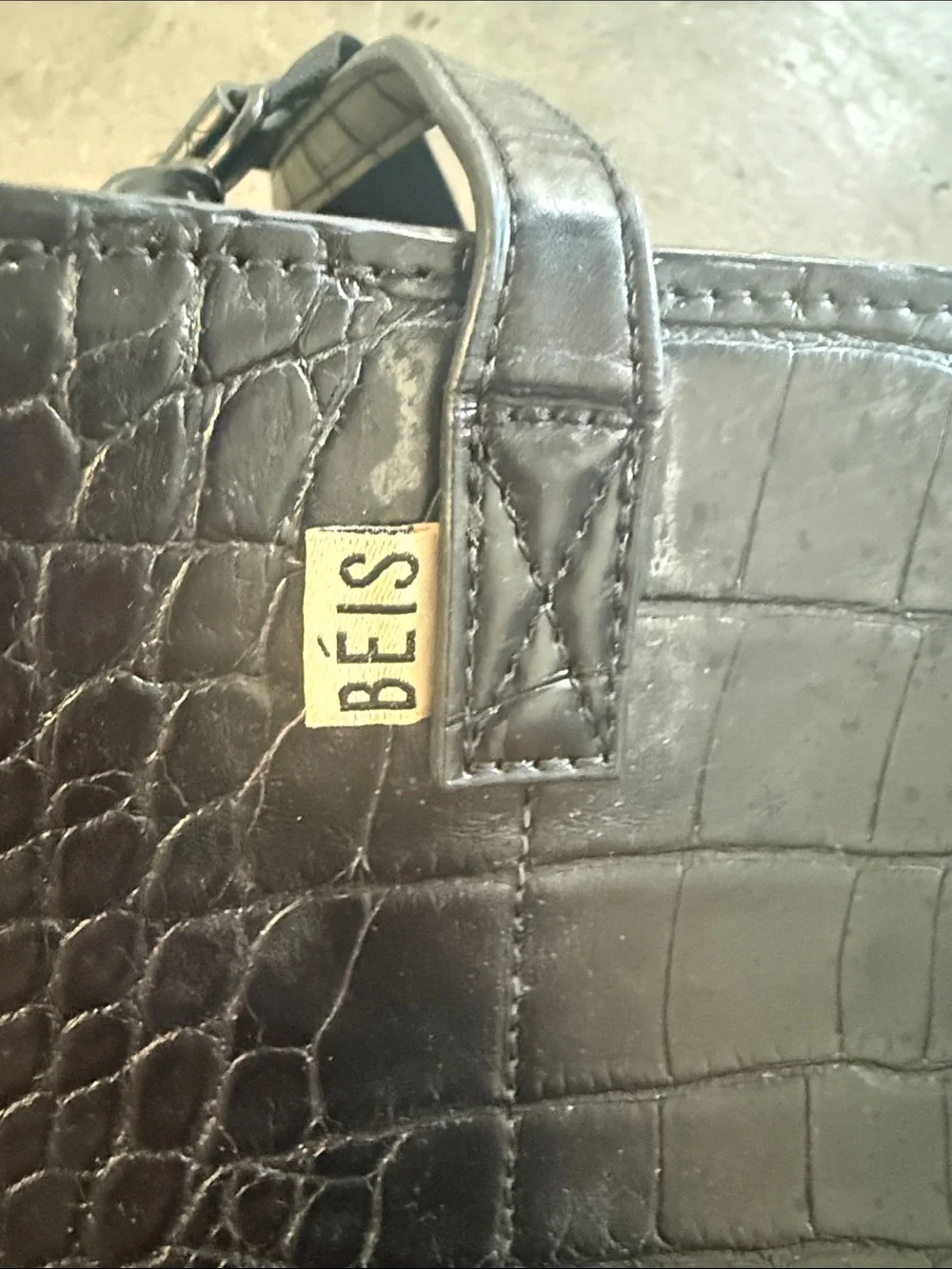 BEIS Black Croc-Embossed Laptop Tote with Detachable Padded Strap